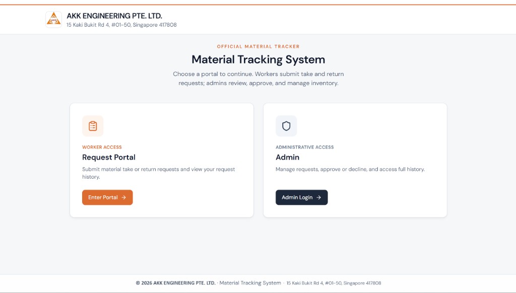 AKK Material Tracking System portal with Worker Access and Admin Access