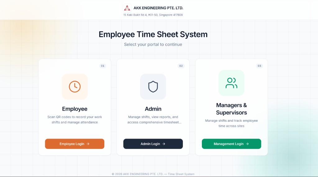 AKK Timesheet Manager portal selection screen with Employee, Admin, and Managers portals
